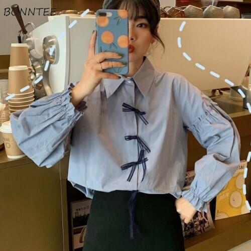 Women Shirts Bow Ruffles Ruched Turn Down Collar Sweet Girls Students Casual Korean Style Chic All-match Blouses Clothing Autumn