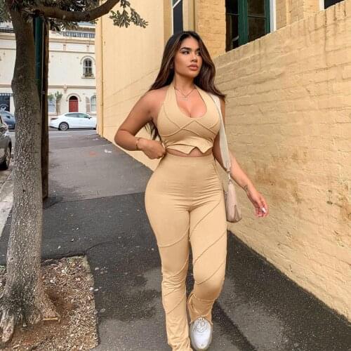 Patchwork Women 2 Piece Set Halter Crop Top High Waist Pants Slit Bodycon Sexy Streetwear Party Club 2021 Summer Outfits