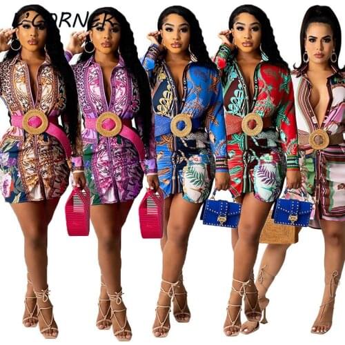 Autumn Print Shirt Dress Women Long Sleeve V-neck Turn-down Collar Mini Dress Laides Streetwear Club Party Dress Vestidos