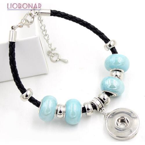 1PC New Arrival Wholesale Snap Bracelet Jewelry Black Leather Ceramic Bead Bracelet for women Fit DIY Buttons Pulsera Bijoux