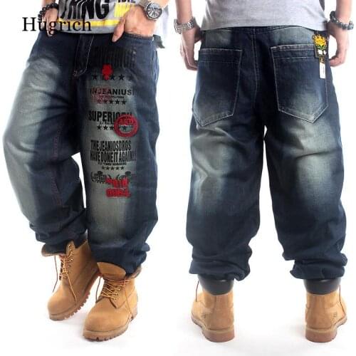 2021 Full Length Pattern Printed Loose Hip Hop Jeans Men European American Brand Hip-Hop Trend Embroidery Denim Pants Plus Size