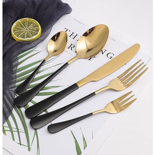 5Pcs Glossy Black Gold Stainless Steel Cutlery Tableware Set Dinnerware Dinner Flatware Set Forks Knives Spoons Set Silverware