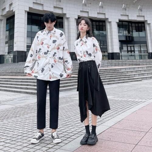 【 6159】Lovers wear Japanese port wind crane shirt retro loose versatile suit couples clothes couples clothing