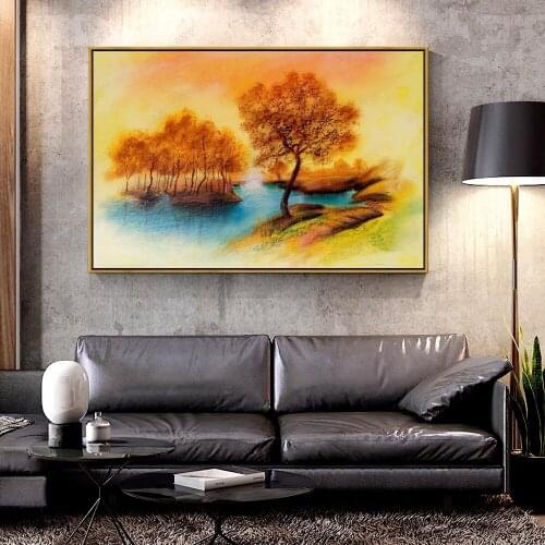 Artcozy Oil Canvas Painting drawing_landscape_river_trees_peace_autumn For Home Decoration Wall Art