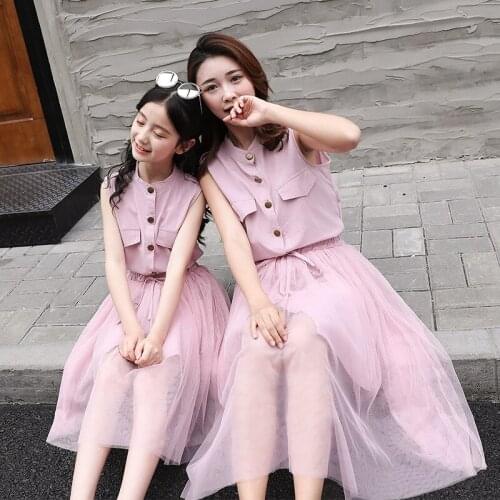 Mother &Daughter Set Solid Dress + Mesh Skirt Girl Summer Linen Clothes Teenage Kids Children Clothing Family Matching Outfits
