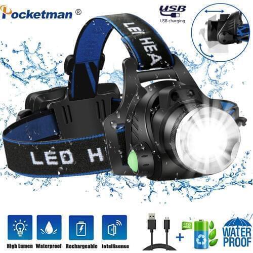 Powerfull Headlamp 6000lumens T6/L2 Rechargeable Headlight Waterproof Zoomable 3Mode Head Torch by 18650 battery for hiking