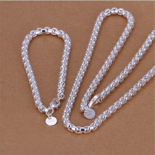 High quality silver color jewelry sets temperament exquisite fashion men round grid necklace bracelets S058