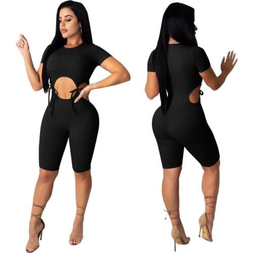 Sexy Bodycon Jumpsuit Shorts Women Palysuit O Neck Crop Top Tied with Short Pants Hollow Out Waist Stripe Fabric Summer Jumpsuit