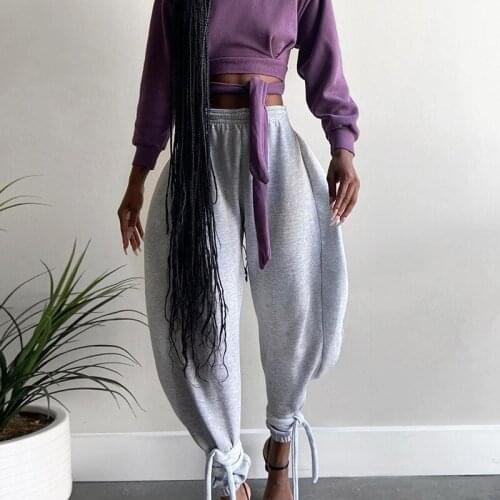 2020 Cotton Casual Strap Leggings Loose SweatPants Women Trouses High Waist Streetwear Solid Femal Sport Jogger Harem Long Pant