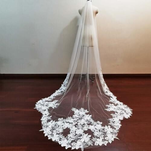 Real Photos Dramatic Scallop Long Wedding Veil Elegant Soft Tulle Lace Bridal Veil with Comb White Ivory Veil for Bride