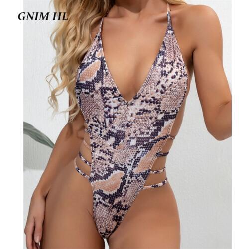 Sexy V Neck Bikini Swimwear Women 2020 High Cut Backless Brazilian Swimsuit Women One Piece Snake Print Bather Suit Beachwear