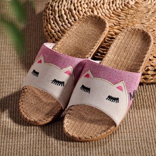 Summer Womens/Mens Linen Slippers Indoor Bathroom Home Shoes Cute Cartoon Cat Flax Slides Ladies/Male Flip Flops Female Sandals