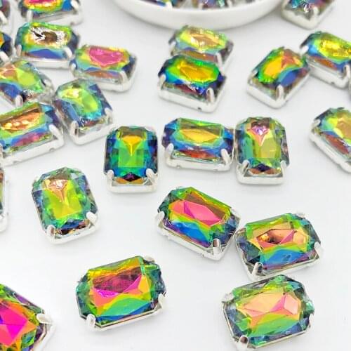 Rectangle Octangle Crystal Glass Sew On Rhinestones Flatback White Sew On Claw Rhinestones For Wedding Garment 10x14mm 20pcs