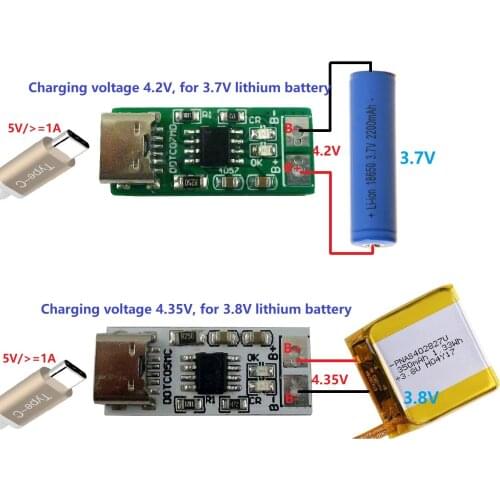 Type-C USB 5V to 4.2V 4.35V Li-ion Li-Po Lithium Battery Charger Module for 3.7V 3.8V 18650 Cell Phone Battery