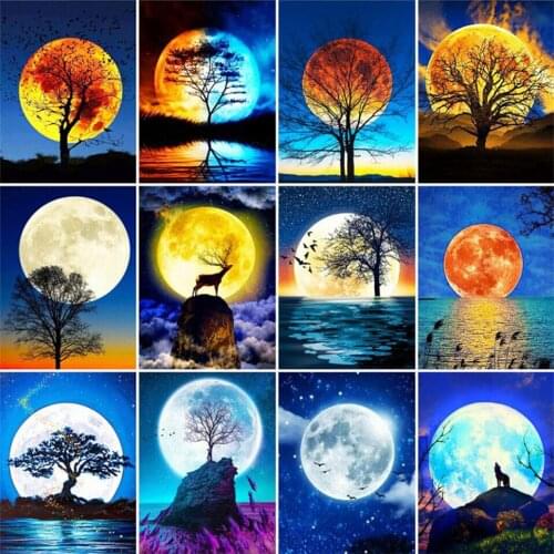 Yujohom 5D Diamond Painting Cross Stitch By Number Moon Scenery Creative Gift Diamond Mosaic Tree Kits Wall Art Home Decoration