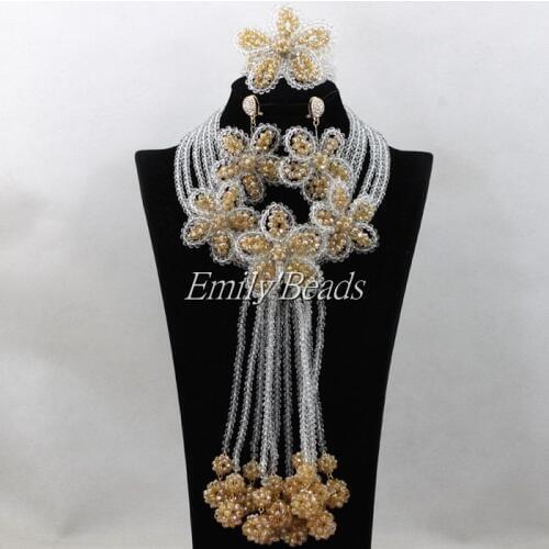 Clear White Bridal Choker Necklace Wedding Jewelry Sets Trendy Nigerian African Women Crystal Beads Jewelry Sets Gold AIJ802