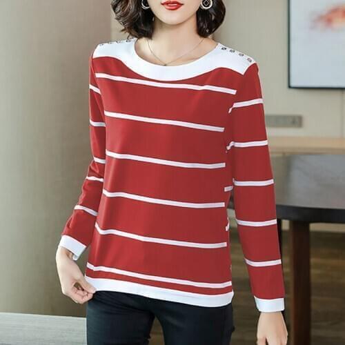Shintimes 2021 Vintage Spring Autumn Striped T Shirt Women Tops Button Plus Size Long Sleeve Cotton Tshirt Female Woman Clothes