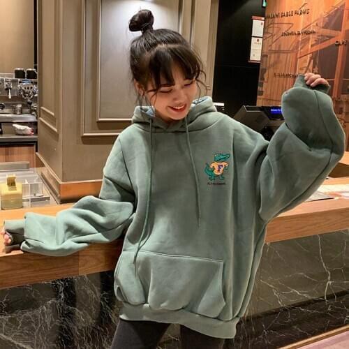 Sweatshirt Womens Autumn And Winter Loose Korean Version BF Plush Thickened Hoodies Casual Simple Em