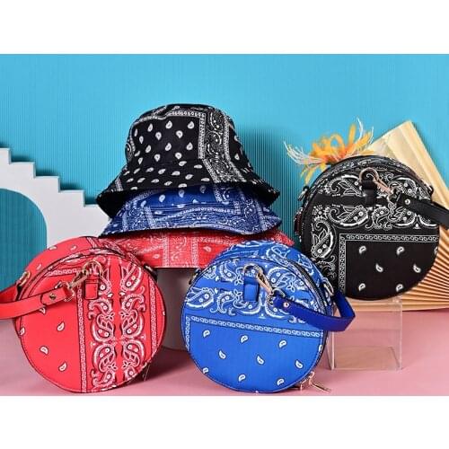 Women Round Handbags Cashew Flower Pattern Leather Crossbody Purses And Ladies Shoulder Bags Match Bucket Hat Sets