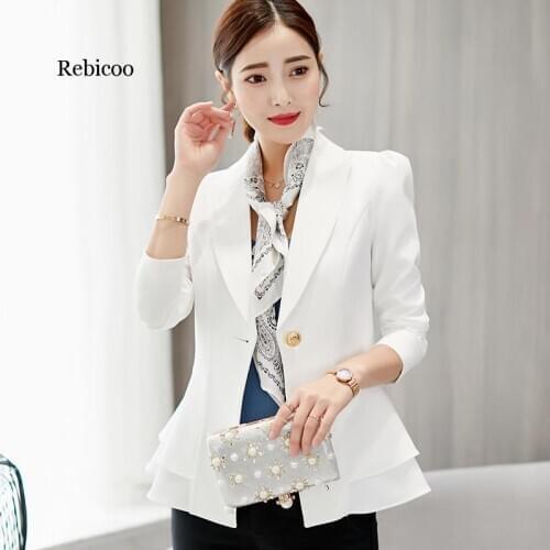 Elegant Ruffles Hem Basic Jackets Woman Suit Blazer Feminino 2020 Spring Summer Solid One Button Office Bussines Coat