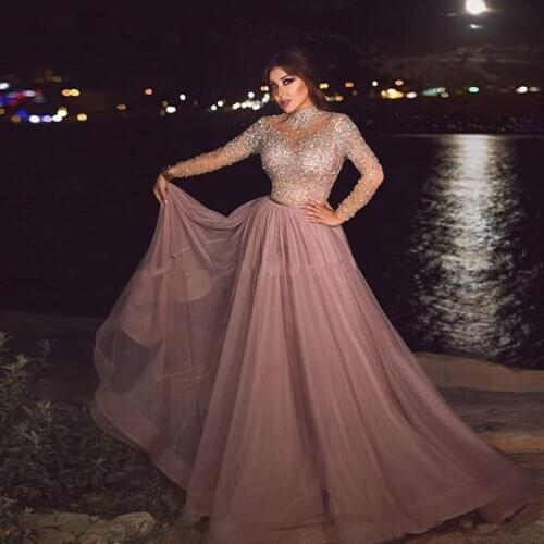 Dubai Muslim Evening Dresses A-line High Collar Long Sleeves Tulle Beaded Saudi Arabia Long Prom Dress Gown Robe De Soiree