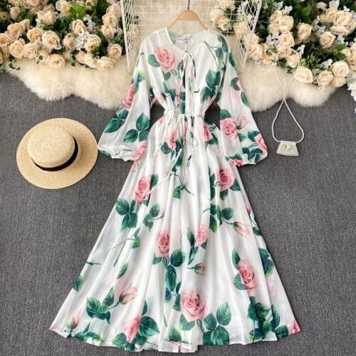 Womens spring autumn runway fashion flower print dress female long sleeve chic travel beach chiffon dress TB1438