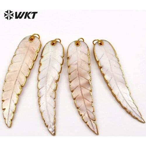WT-JP044 Pure Big Feather Shape Natural White Shell With Gold Trim Pendant Bohemia Gift For Her Women Stylish Jewelry