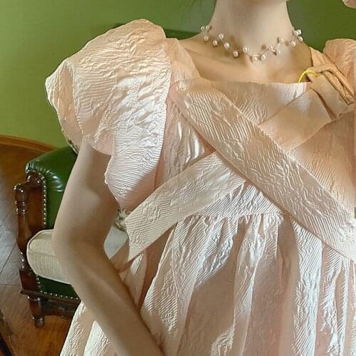 2021 new Summer Sweet Kawaii Dress Women Vintage Fairy Bubble Sleeve Pink Dress Cross A-line Loose Pretty Princess Cute Dress