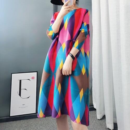 Fashion Vintage Geometric Print Miyak Pleated Spring Summer Round Neck Loose Dress For Women Casual Plus Size Clothing Female