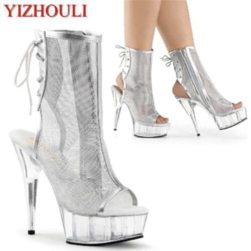15 cm fashion stage shoes, net cloth shoe upper banquet transparent water table short boots, fish mouth inside zipper, cool boot