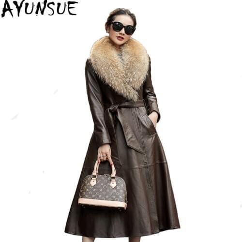 AYUNSUE Genuine Leather Jacket women Winter Coat Long Down Jacket Real Raccoon Fur Collar Sheepskin Coat Female Windbreaker MY