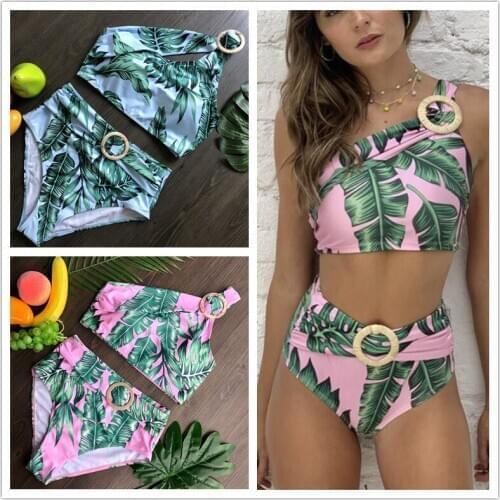 2020 new European and American bikini oblique shoulder design swimsuit female cover slim buckle high waist beach suit bikinis