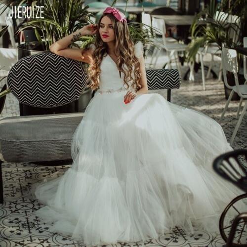 JIERUIZE Elegant A Line Wedding Dresses V Neck Sleeveless Backless Crystal Sashes Wedding Gowns vestido de noiva Bride Dresses