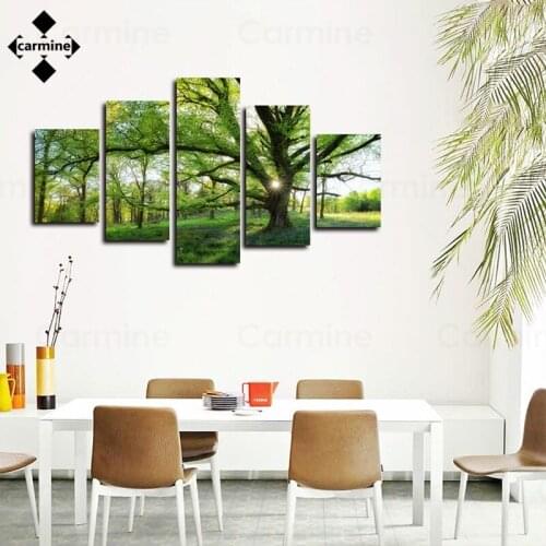 Green Forest 5 Pieces Canvas Painting Modern Nature Wall Art Posters and Prints Nordic Big Tree Printing Picture for Living Room