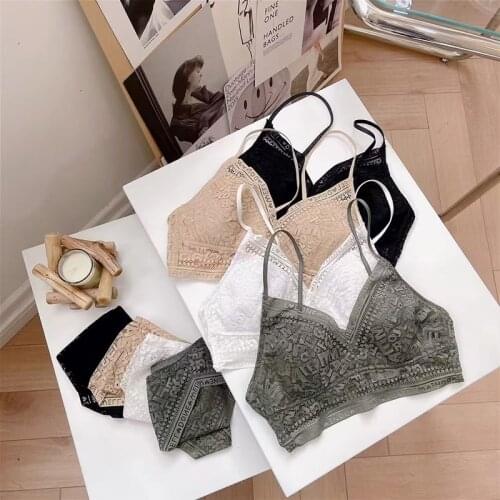 Bra Panty Set Sexy Panties Lace Lingerie Femme Underwear Push Up Thin 3/4 Triangle Cups Bralette Hollow Out Briefs Wire Free