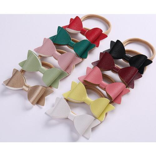 Newborn Leather Bows PU Hair Bow With Nylon Headband Children Girls Hair bow Headwear Hair Accessories 36pcs/lot