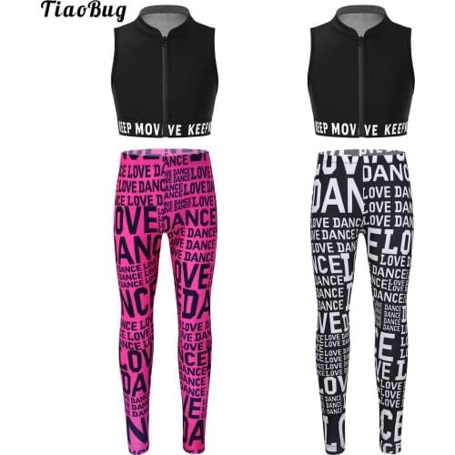 Summer Kids Girls Dance Yoga Outfits With Stand Collar Sleeveless Front Zipper Closure Tank Top And Letters Printed Leggings Set