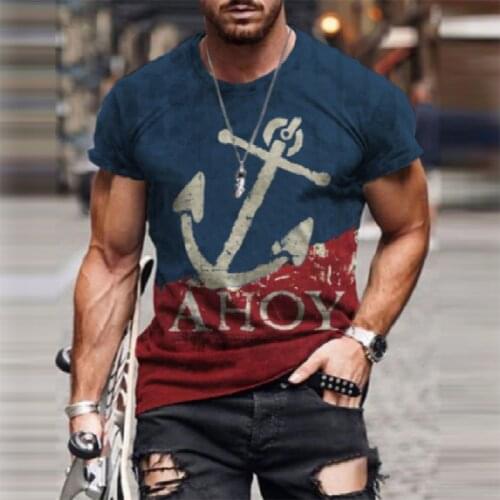 Summer Mens Clothes Fashion Letter Anchor Printed T-Shirt Vintage Loose Tops Pullover Men Fashion Short Sleeve O-Neck Tee Shirts