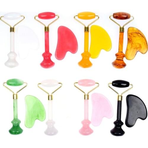 Natural Jade Massage Roller + Guasha Board SPA Scraper Stone Facial Massager Set Face Eye Body Beauty Device Face Skin Care Tool