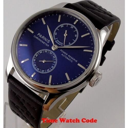 43mm PARNIS Automatic Mens Wristwatch black dial Power reserve indicator ST2542 black leather strap polished beze
