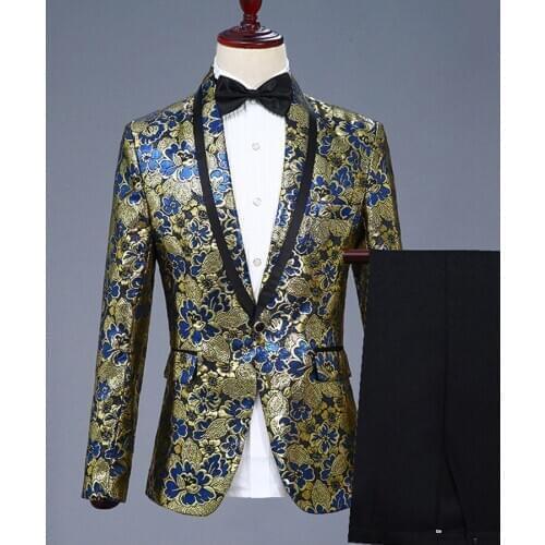 Mens Floral Jacquard 2 Piece Suits (Jacket+Pants+Bow) Brand Shawl Collar Single Button Nightclub Wedding Groom Tuxedos Suit Men