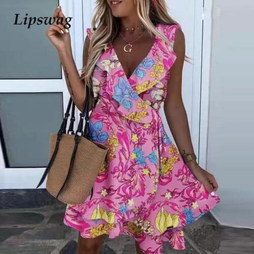 Sexy Deep V Neck Ruffles A-Line Party Dress Women Vintage Floral Print Mini Dress 2021 Summer Ladies Sleeveless Female Dress 3XL