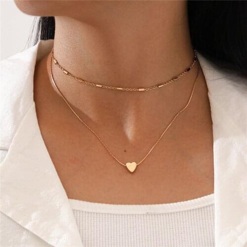 Simple Fashion Female Clavicle Necklace for Women Multi-Layer Gold Color Chain Necklace Heart Pendant Necklace