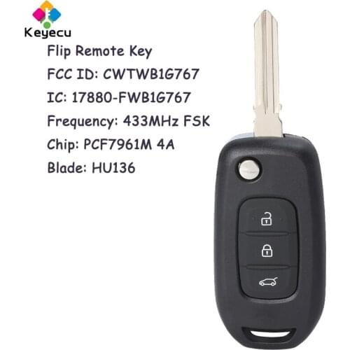 KEYECU Flip Remote Car Key With 3 Button 433MHz PCF7961M HU136 Blade - FOB for Renault Kadjar Captur Megane 3 Kaptur, CWTWB1G767