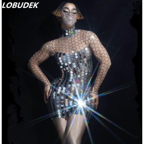 Silver Mirror Rhinestones Short Dress Transparent Dresses Birthday Prom Bar Singer Dancer Stage Concert Crystals Sequins Dress