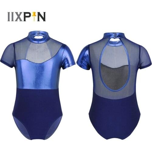 IIXPIN Shiny Metallic Leotard Ballet Dance Girls Mock Neck Mesh Splice Cutout Back Gymnastics Leotard For Girls Ballet Jumpsuit