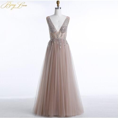 Champagne Evening Dress 2020 Sexy V Neck Beaded Bodice Backless Formal Gown High Slit Open Low Back Prom Dress abendkleider
