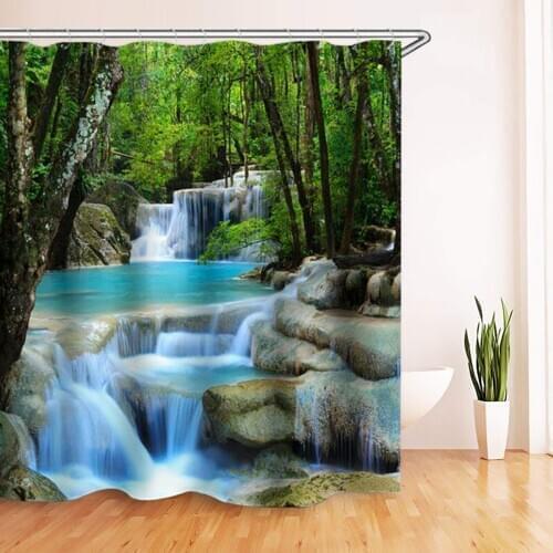 3D Waterfall Scenery Waterproof Shower Curtain Bathroom Landscape Trees Flower Bath Mat Set Pedestal Rug Lid Toilet Cover
