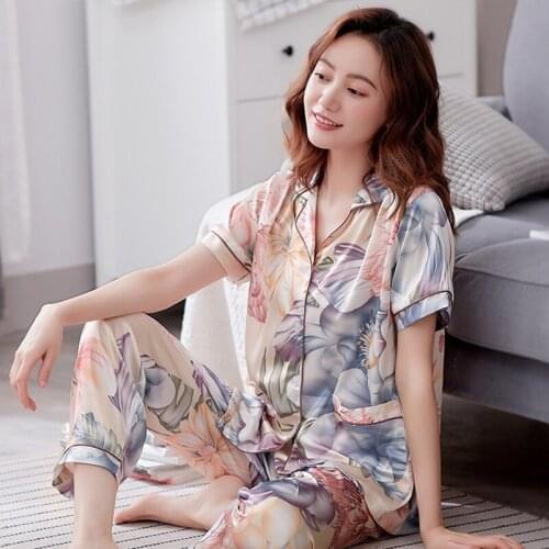 Youhottest Floral Short Sleeves Long Pants Silk Pajamas Two Piece Set Women Sleepwear