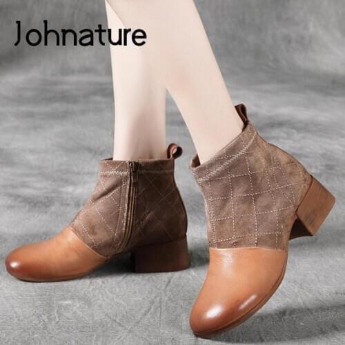 Johnature Women Shoes Platform Boots 2020 New Genuine Leather Zip Round Toe Mixed Colors Sewing Leisure Concise Ladies Boots